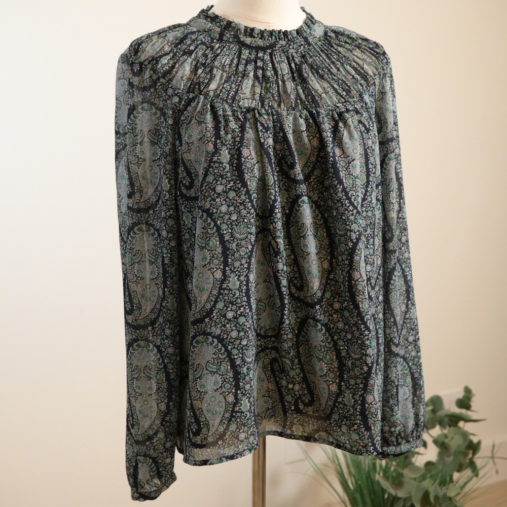 J.Crew Women Navy Blue Paisley Floral Smocked Ruffle Neck Blouse Large